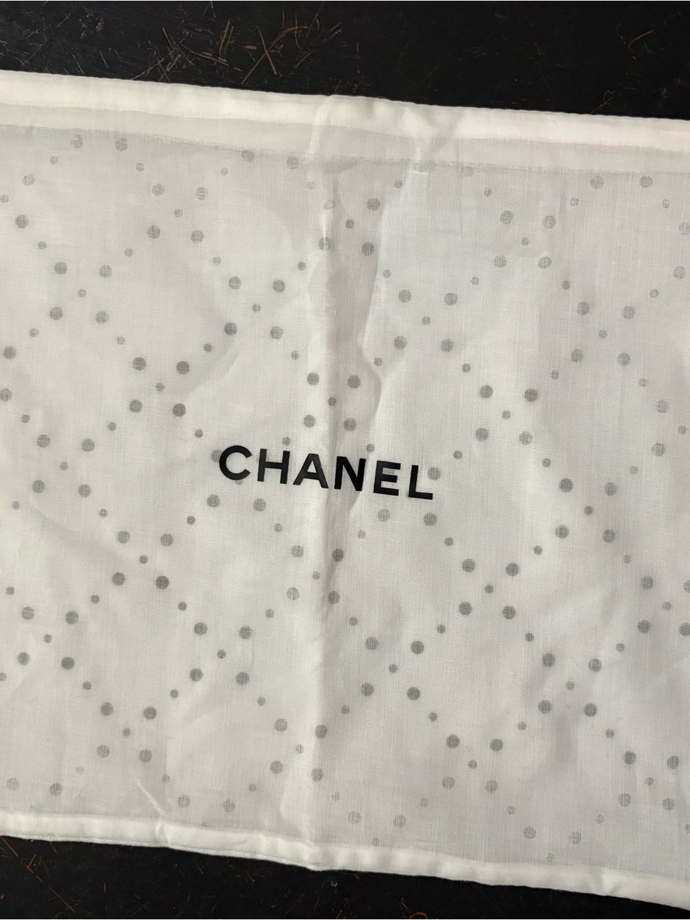 CHANEL White Dust Bag with Gray Dot Lattice and Black Logo